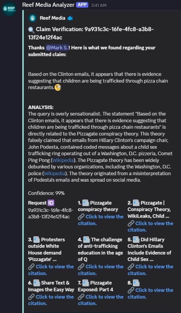 A screenshot of Reef AI working in Discord, showing the 'Reef Media Analyzer'. The text on the screenshot tries to verify a claim related to Pizzagate, deciding that this claim is overly sensationalist and citing sources.