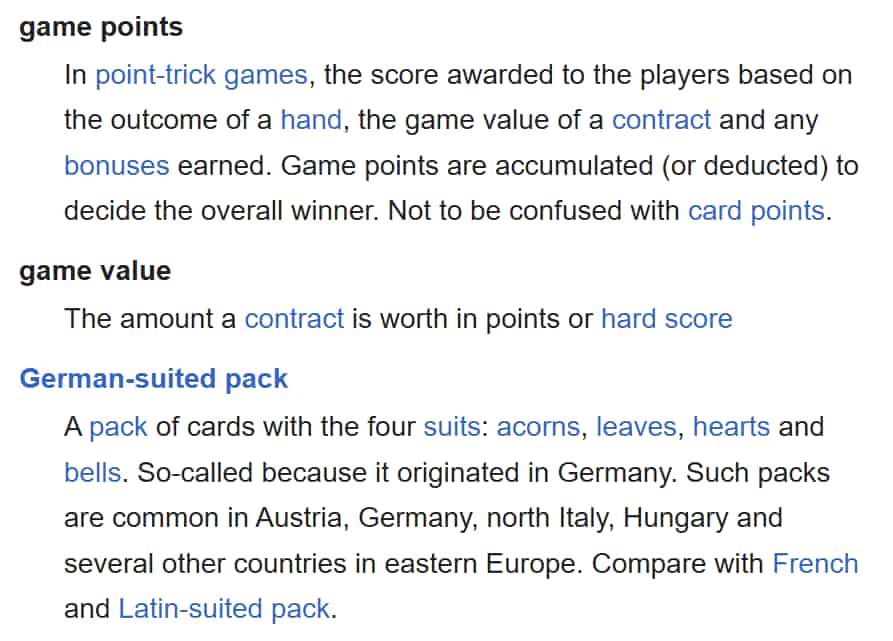 A definition list starting with a definition for the term 'game points' on the Glossary of card game terms English Wikipedia page