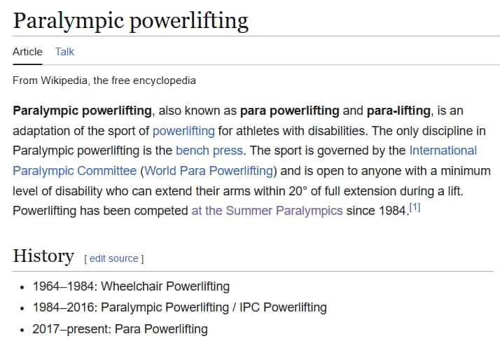 Unordered list in the 'History' section of the Paralympic Powerlifting English Wikipedia page